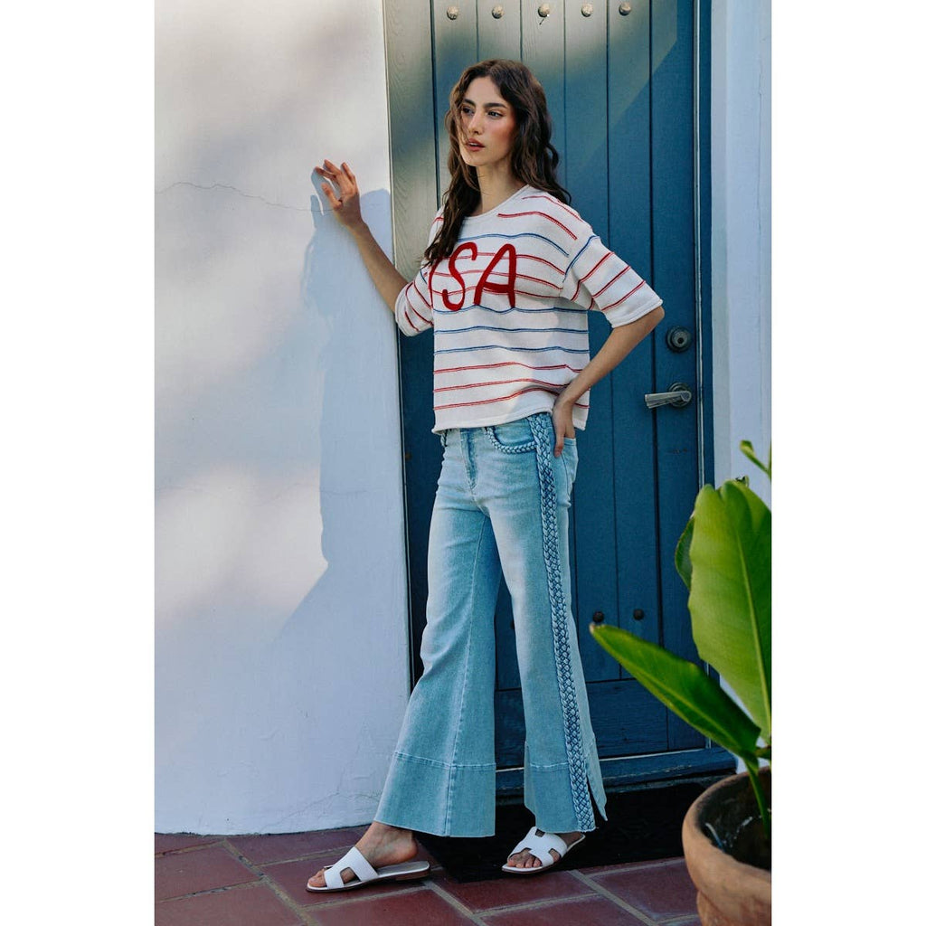 WIDE LEG FLARE DENIM JEANS WITH SIDE  BRAIDS