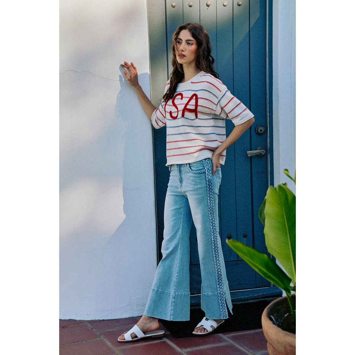 WIDE LEG FLARE DENIM JEANS WITH SIDE  BRAIDS