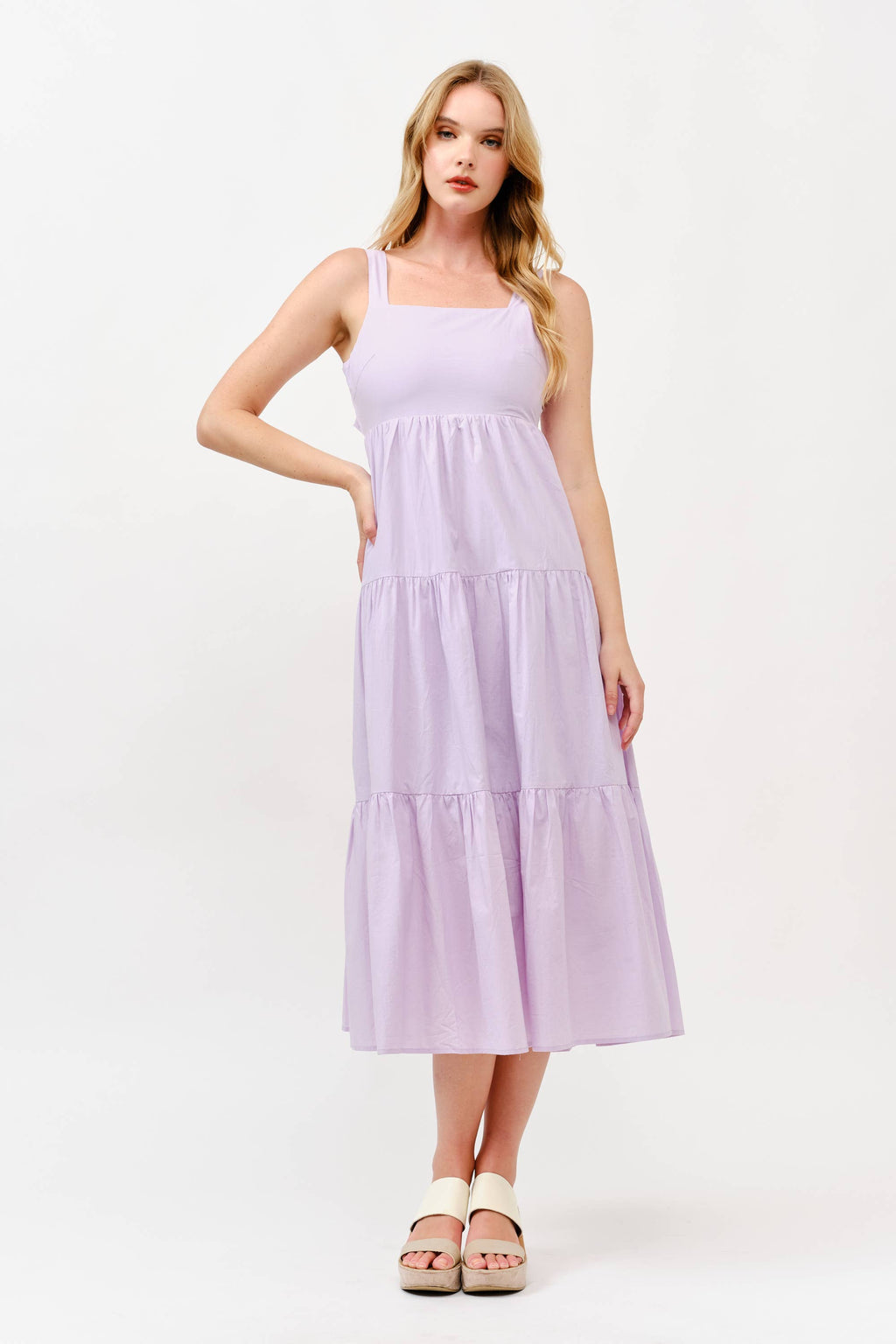 Cotton Boho Elastic Waist Open Bow Back Summer Lilac Dress