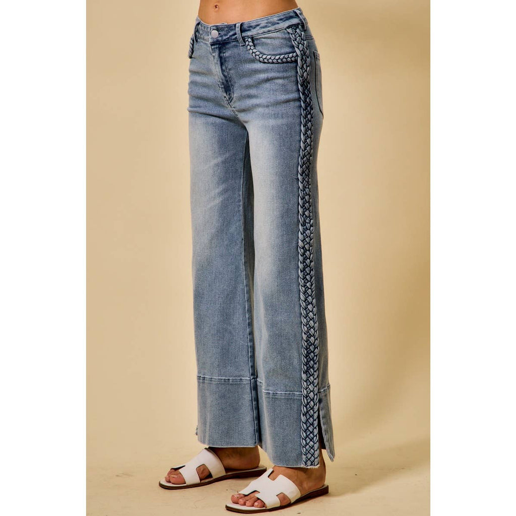 WIDE LEG FLARE DENIM JEANS WITH SIDE  BRAIDS