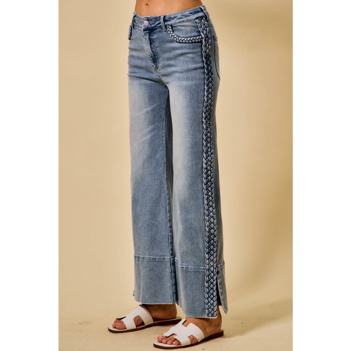 WIDE LEG FLARE DENIM JEANS WITH SIDE  BRAIDS