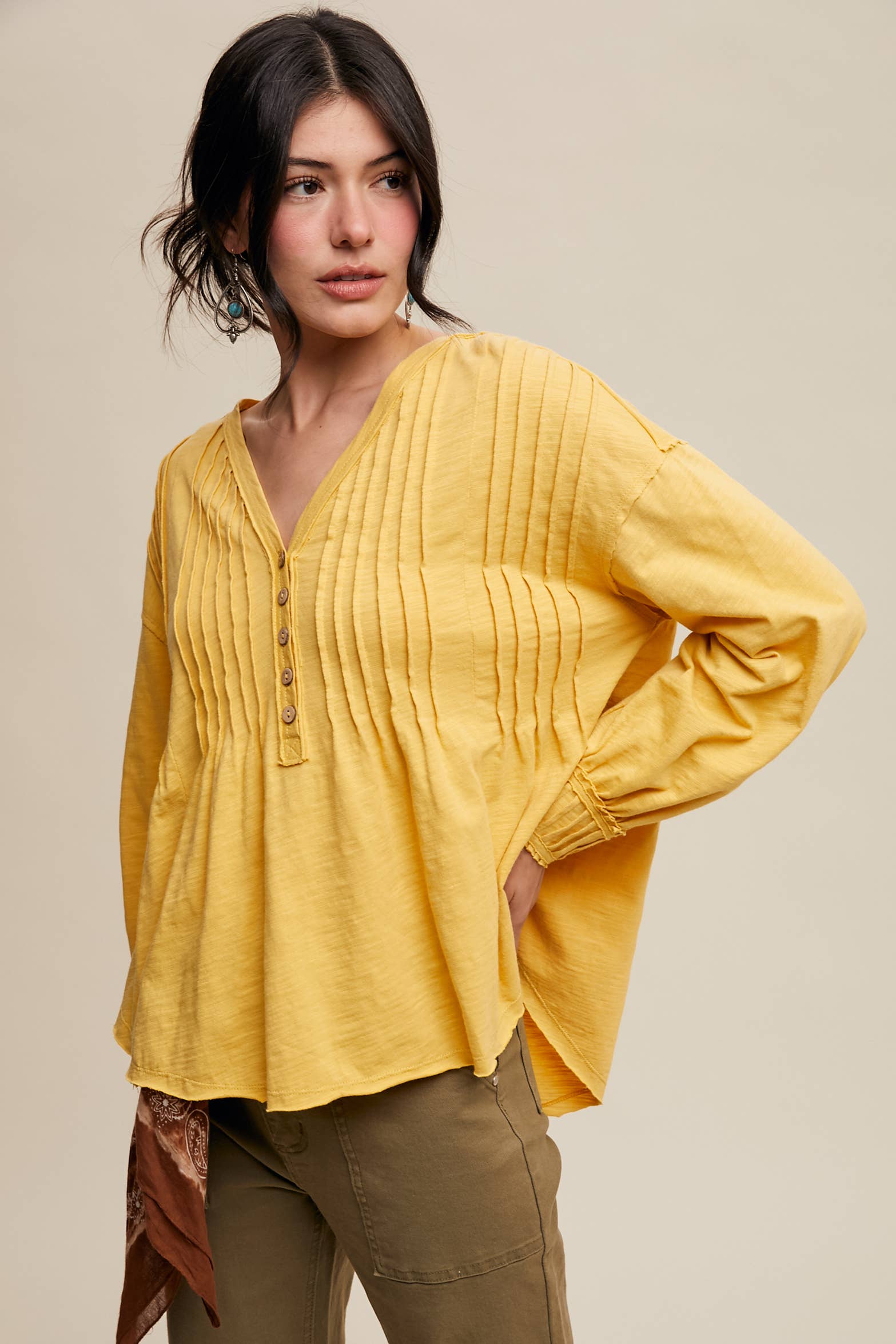 Cotton Pleated Henley Yellow Top