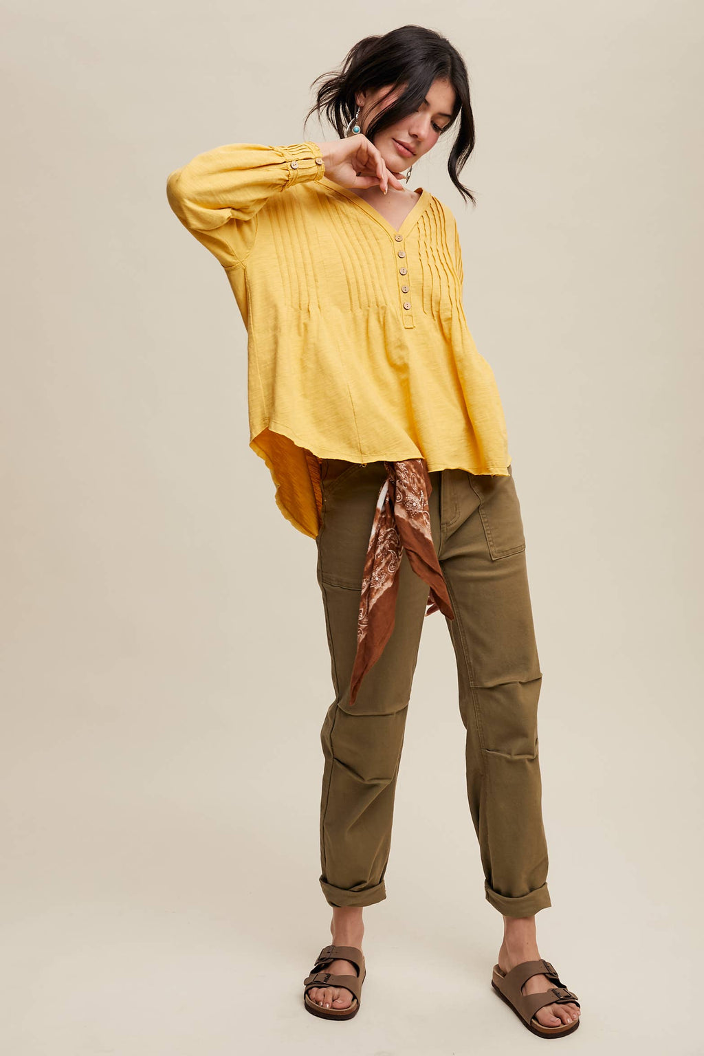 Cotton Pleated Henley Yellow Top