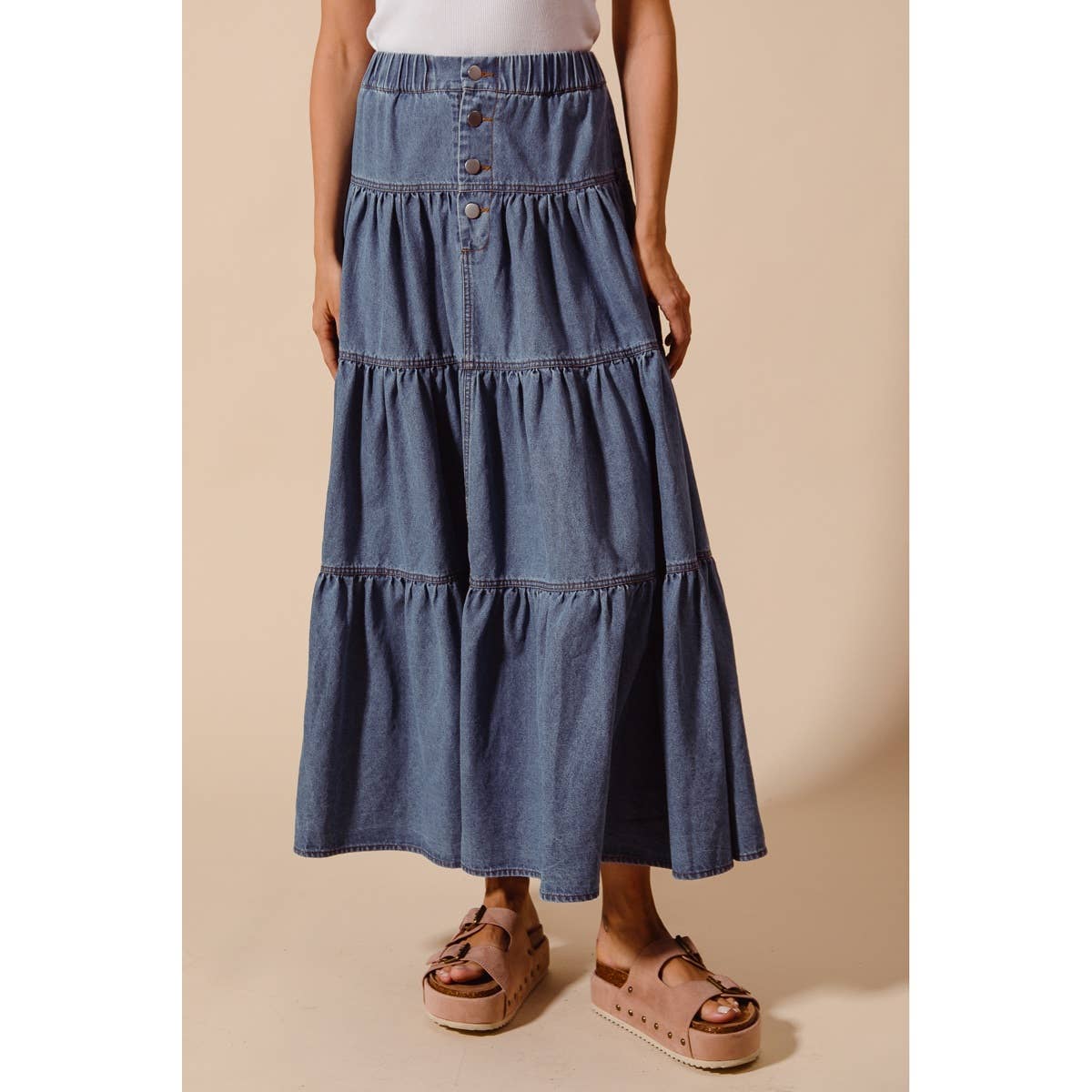 DENIM BLOCK FLOWY MAXI SKIRT