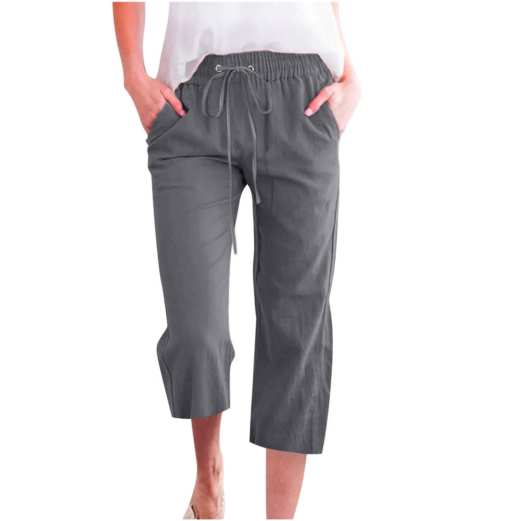 Linen Casual Summer Cropped Pants with Elastic Drawstring Waist