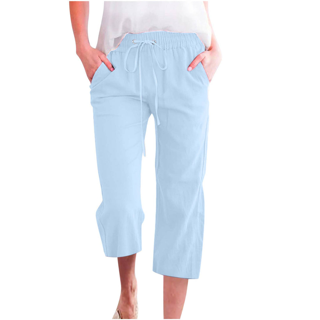 Linen Casual Summer Cropped Pants with Elastic Drawstring Waist