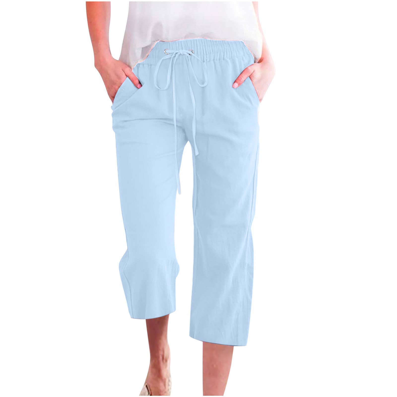 Linen Casual Summer Cropped Pants with Elastic Drawstring Waist
