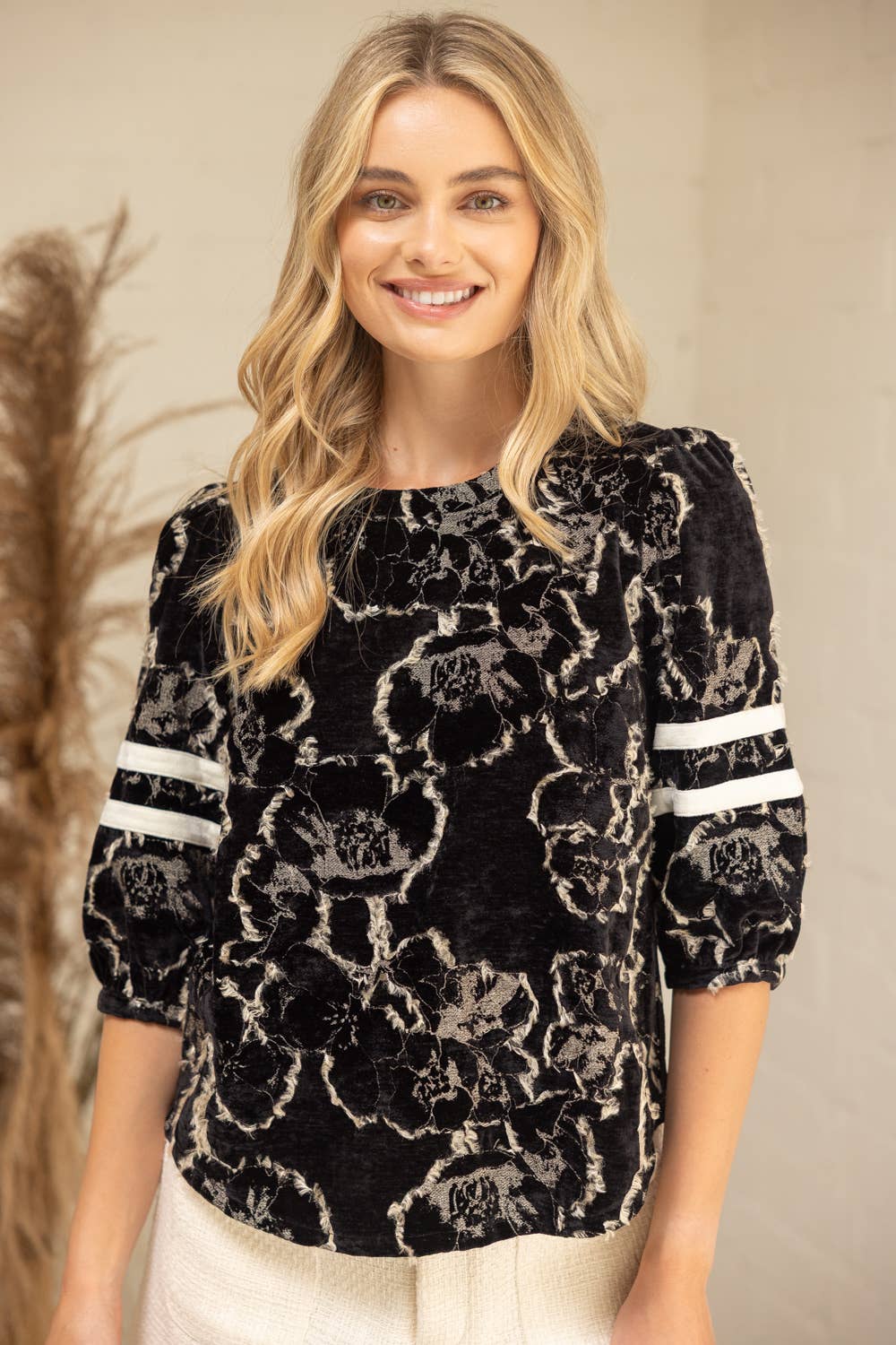 Stripe Detailed Sleeve Burn Out Velvet Top