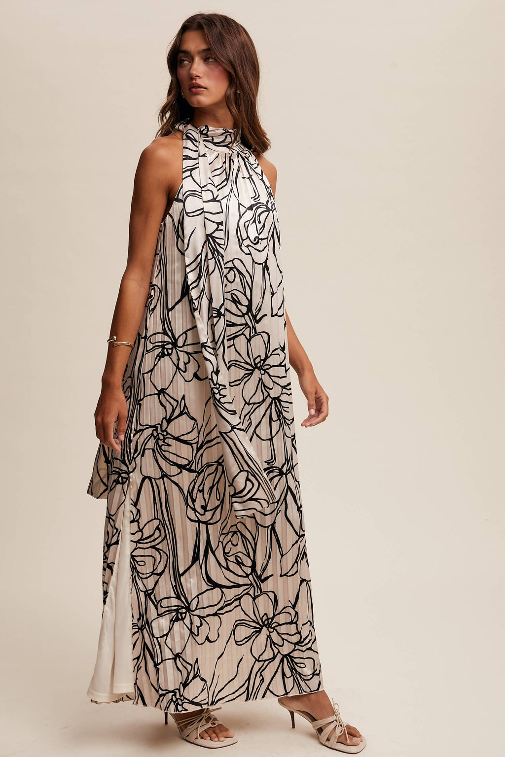 Pleated Floral Halter Satin Maxi Dress