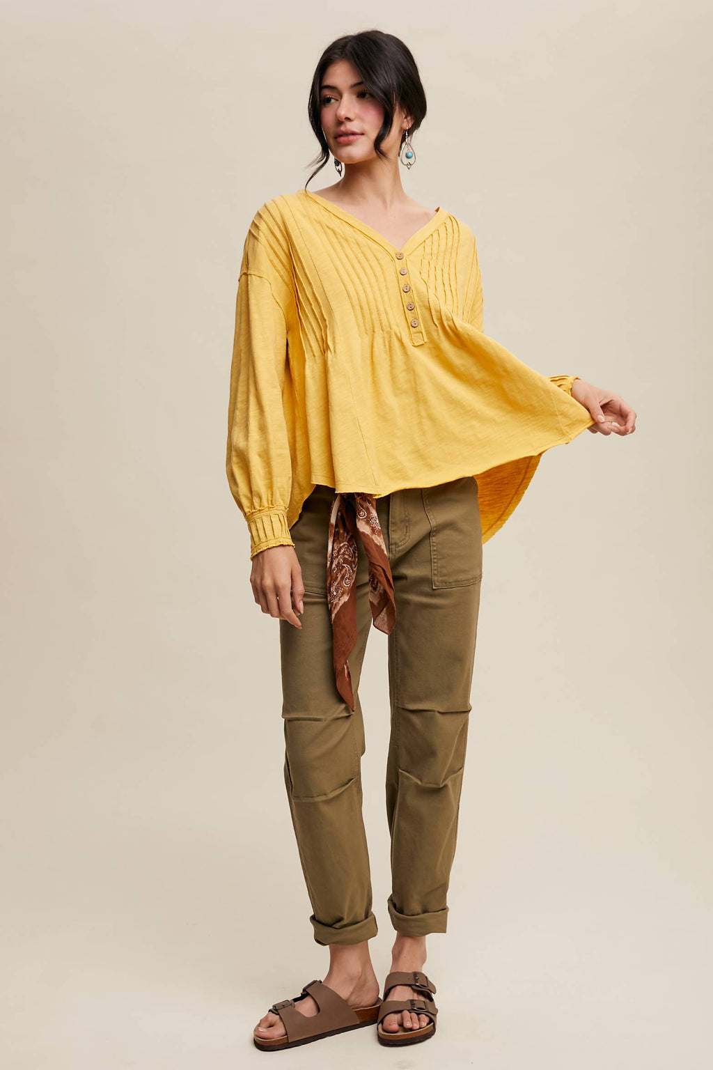 Cotton Pleated Henley Yellow Top