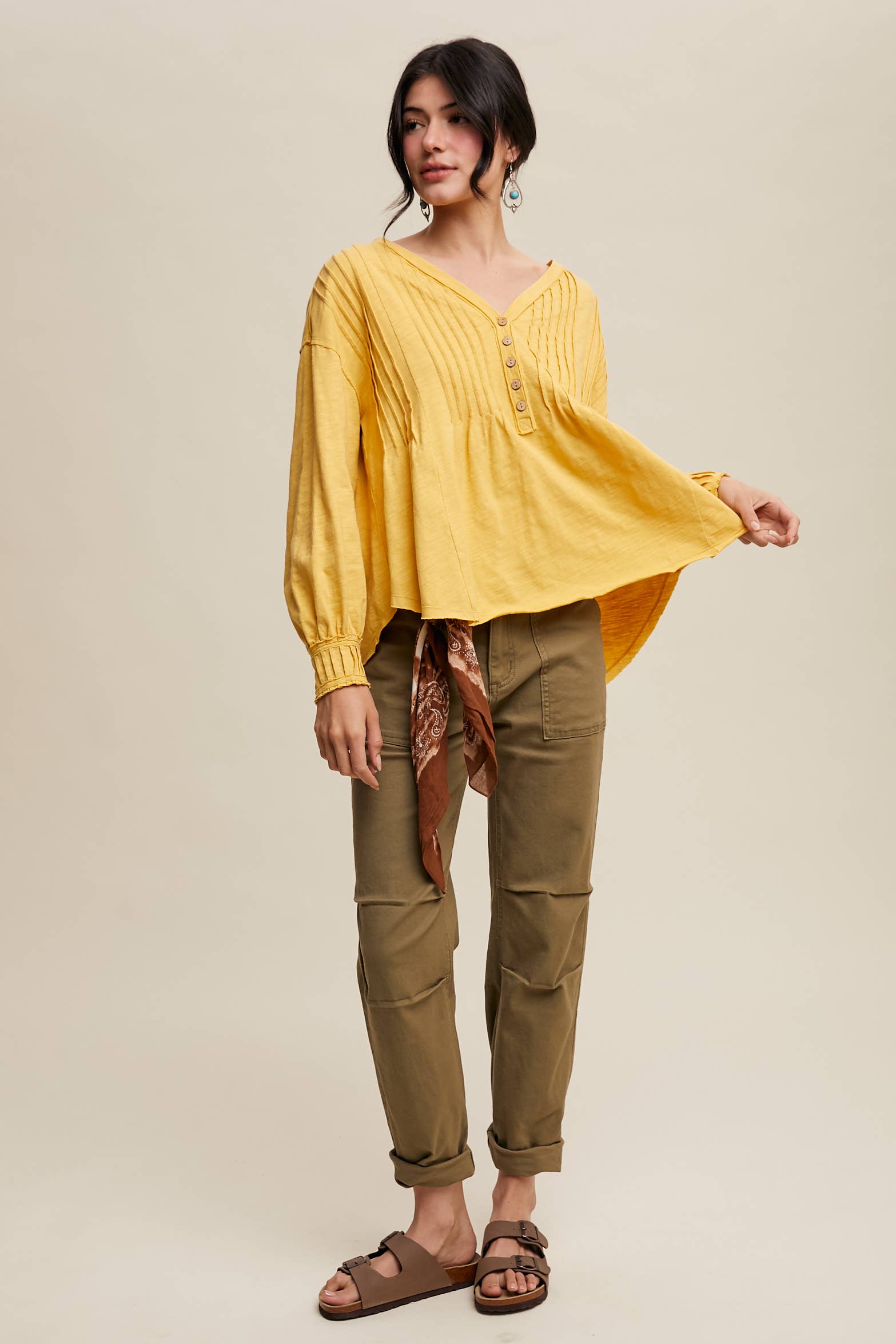 Cotton Pleated Henley Yellow Top