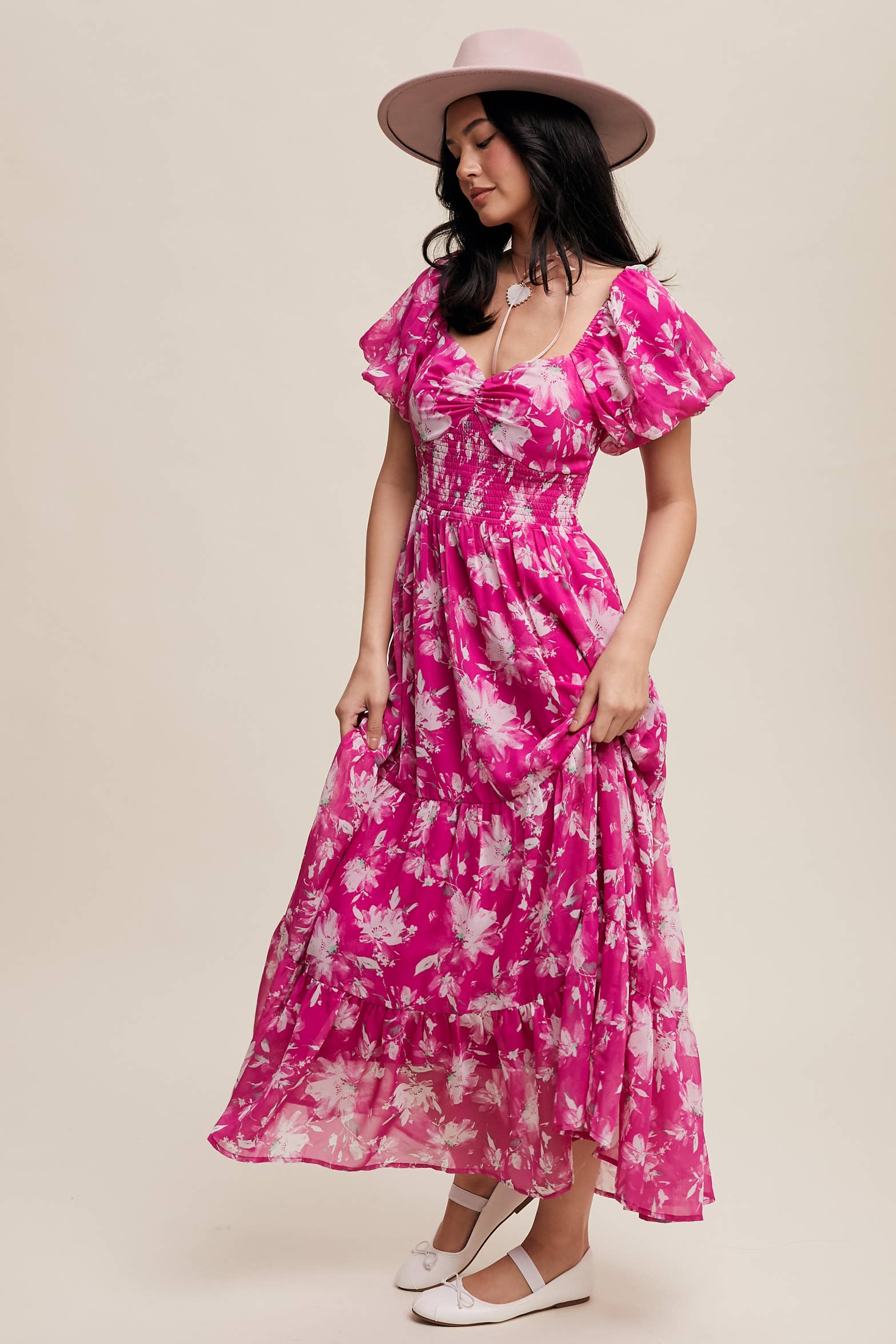 Floral Puff Sleeve Tiered Pink Maxi Dress