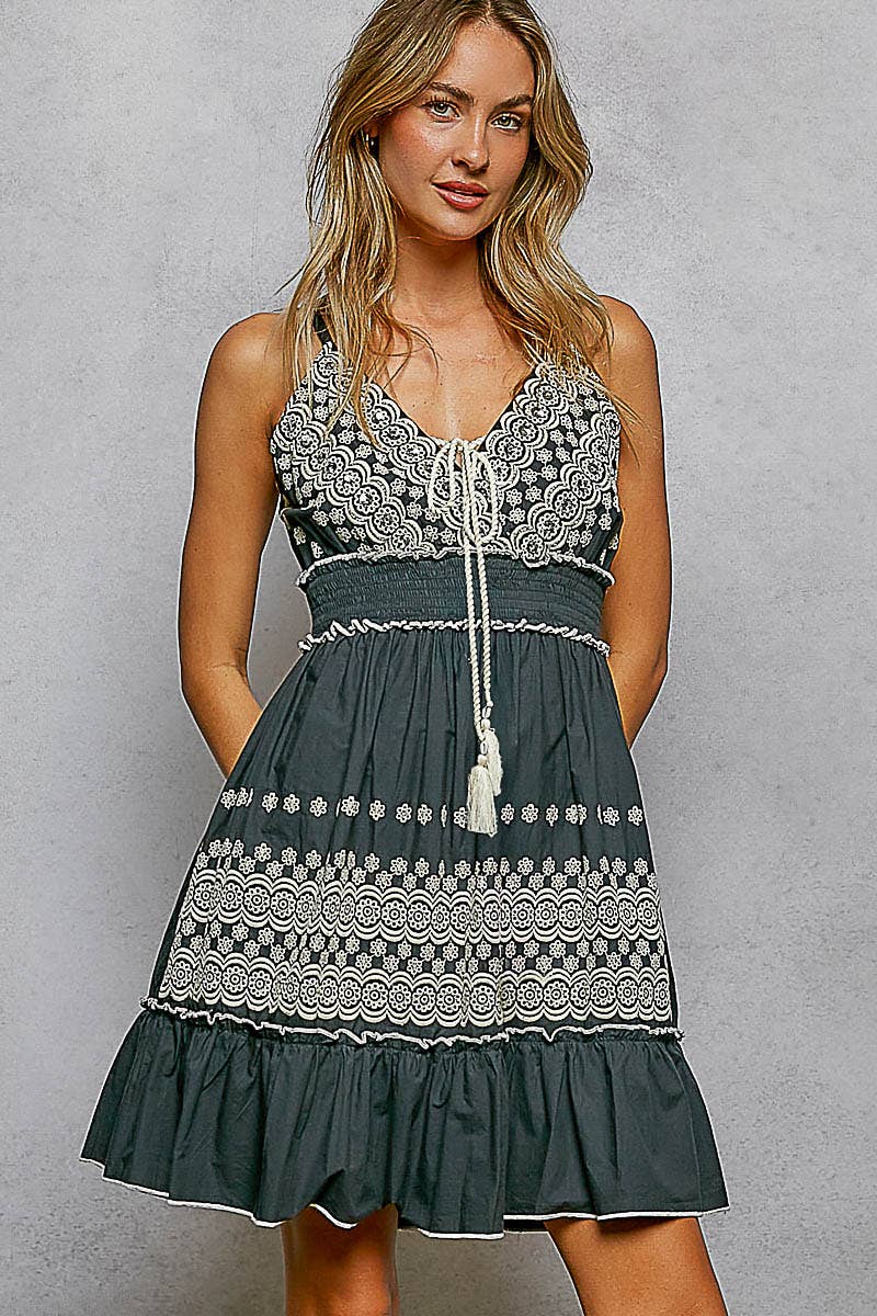 Cotton V-Neck Sleeveless Dress with Eyelet Detail Smocked Waist