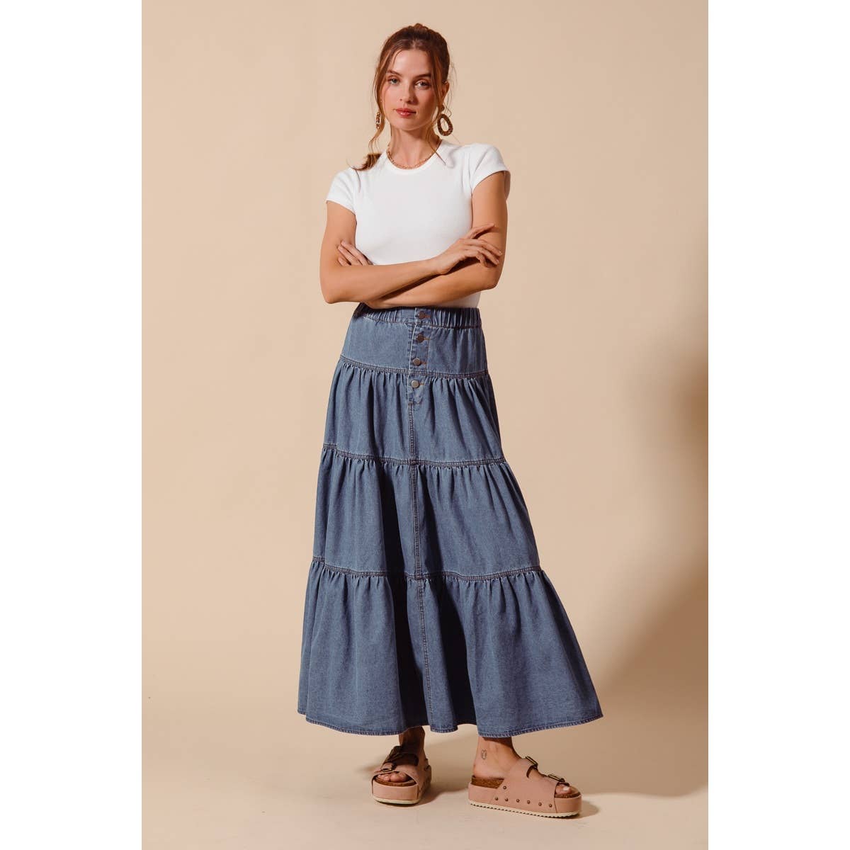 DENIM BLOCK FLOWY MAXI SKIRT