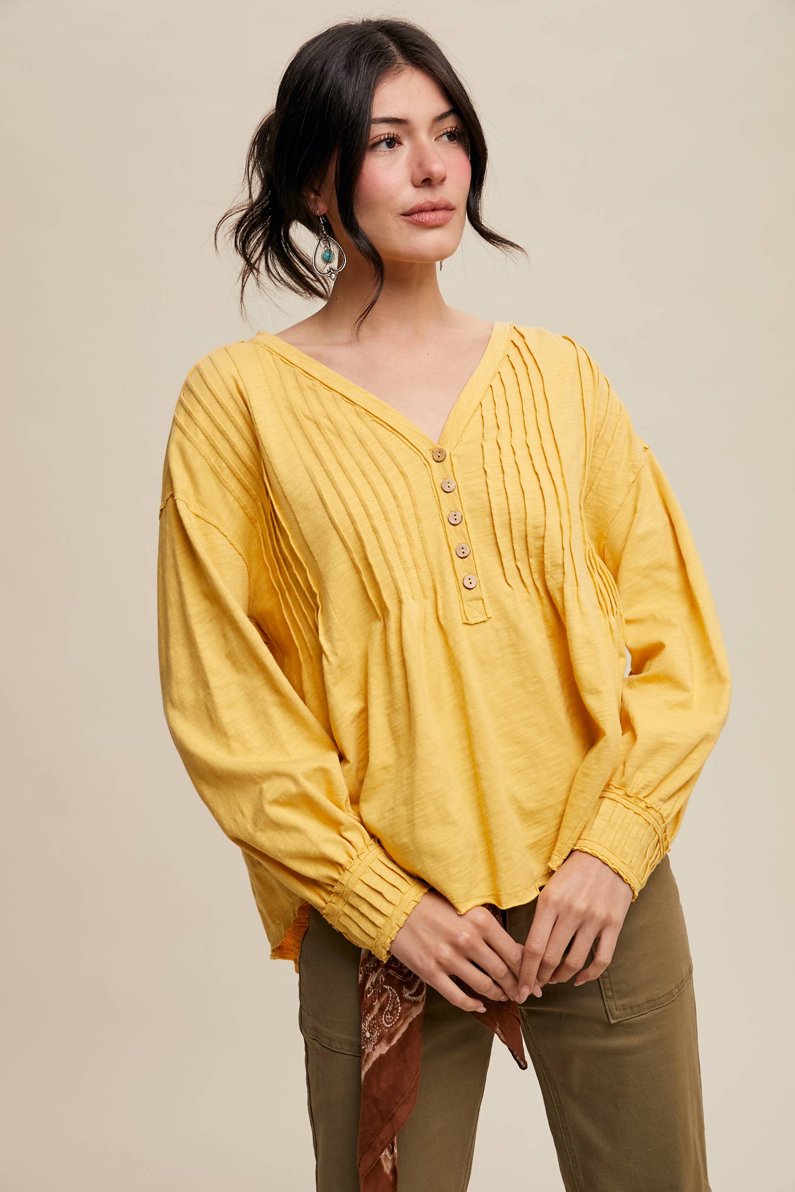 Cotton Pleated Henley Yellow Top