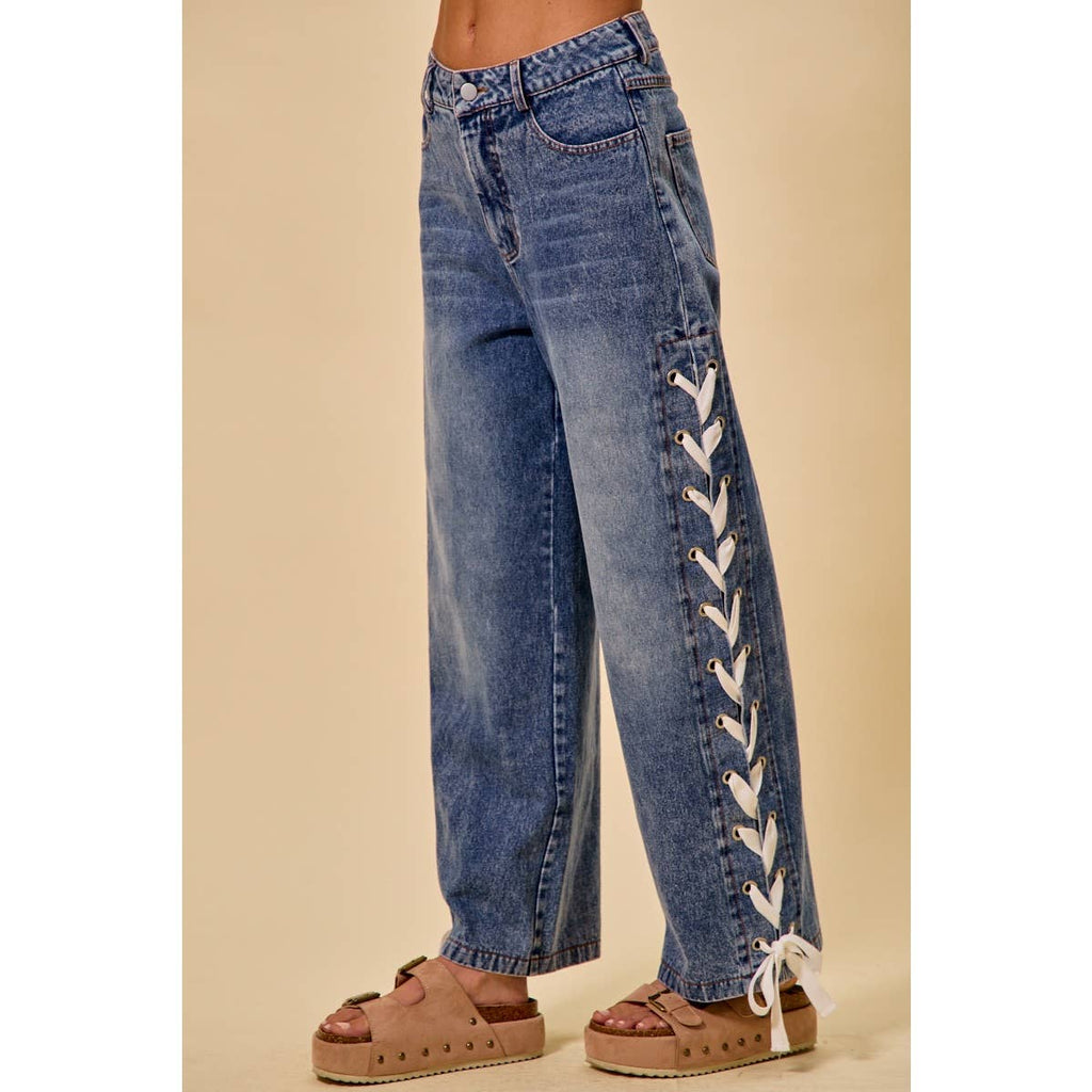 MID RISE STRAIGHT LEG DENIM SIDE LACE UP JEANS