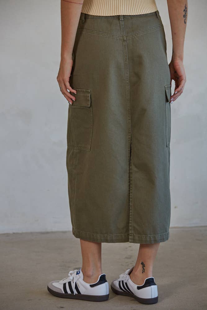 Olive Denim Cotton Midi Skirt With Side Pockets