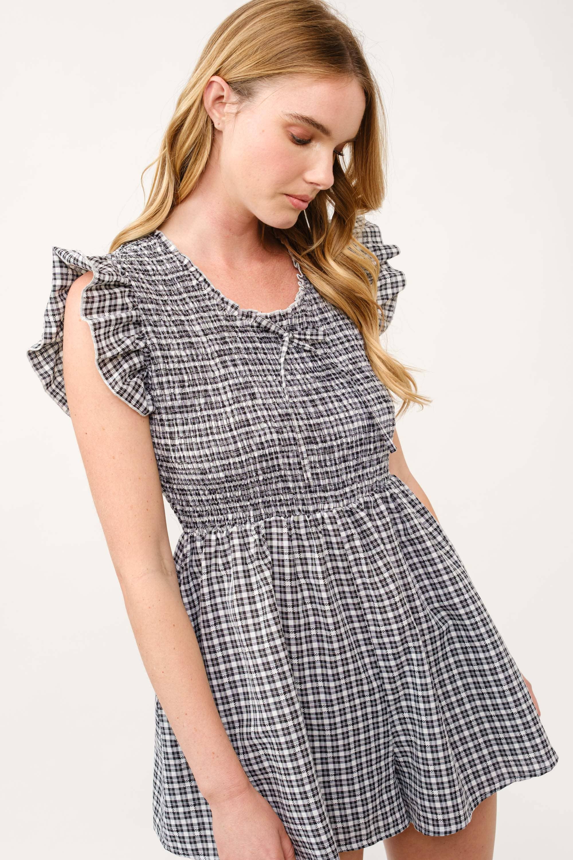 Gingham Smocked Waist Romper with Ruffle Sleeves