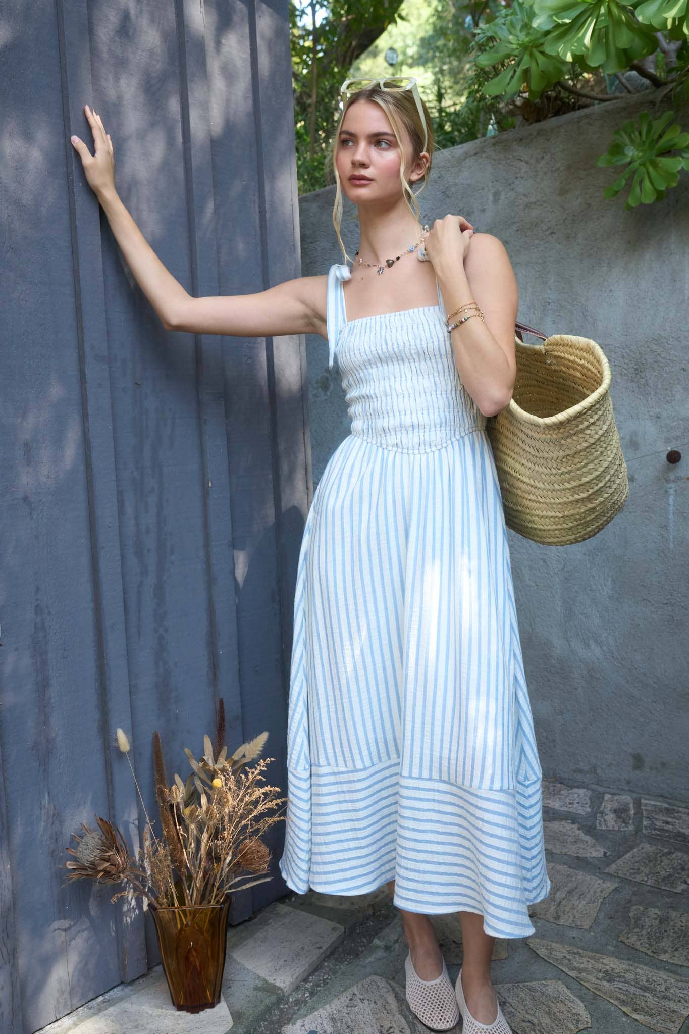 Cotton Sun-Drenched Stripe Tie-Shoulder Midi Dress