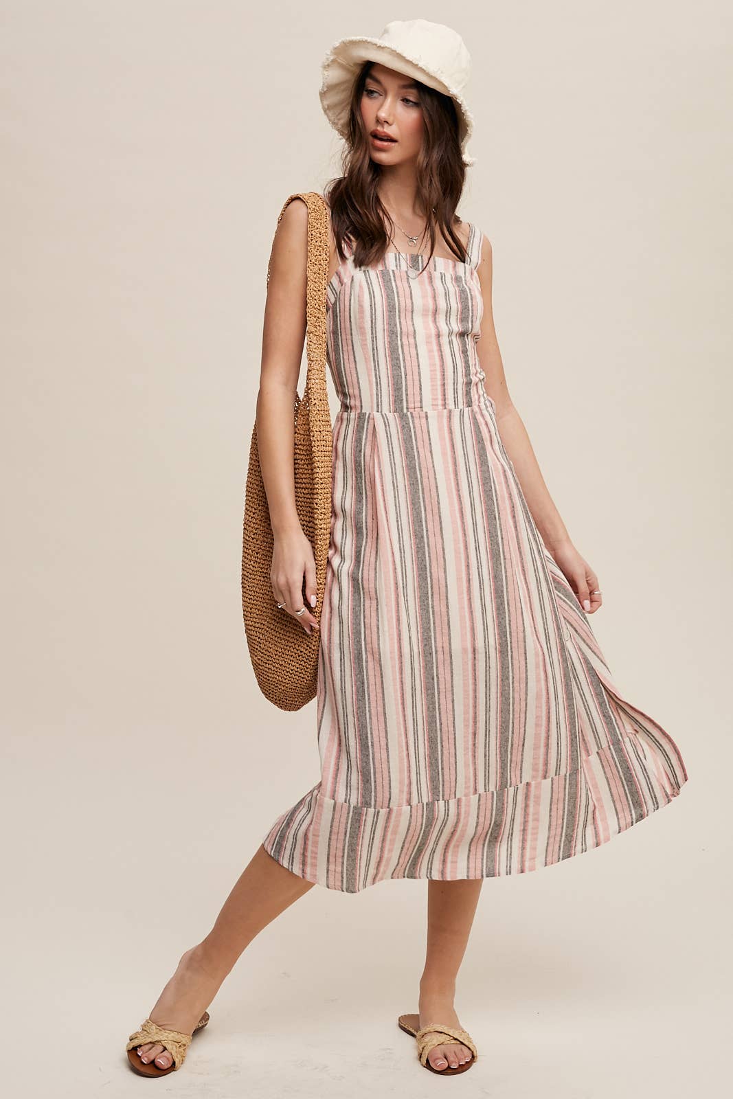 Striped Linen Blend Midi Dress