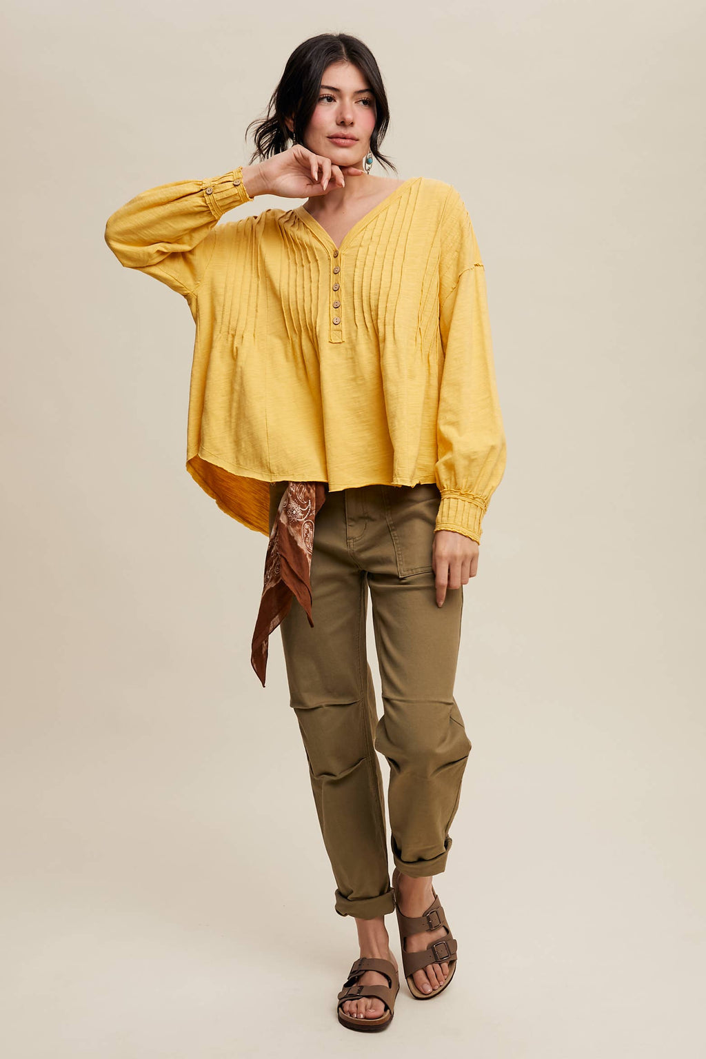 Cotton Pleated Henley Yellow Top