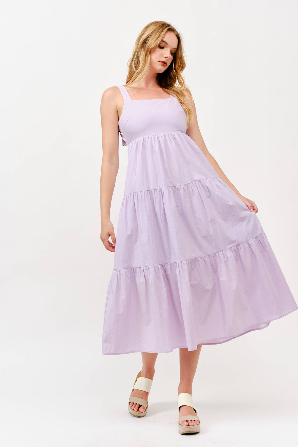 Cotton Boho Elastic Waist Open Bow Back Summer Lilac Dress