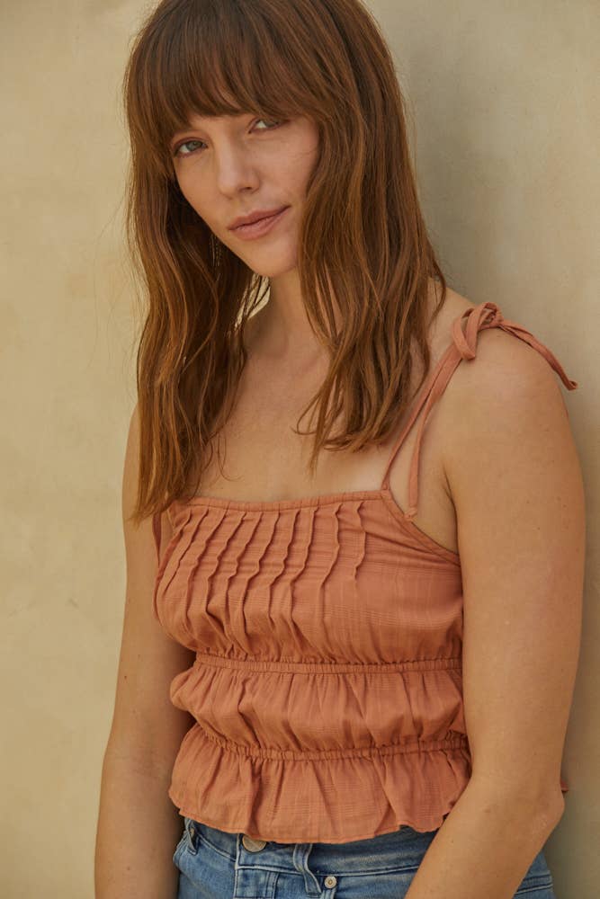 Woven Cotton Cropped Sleeveless Smocked Top