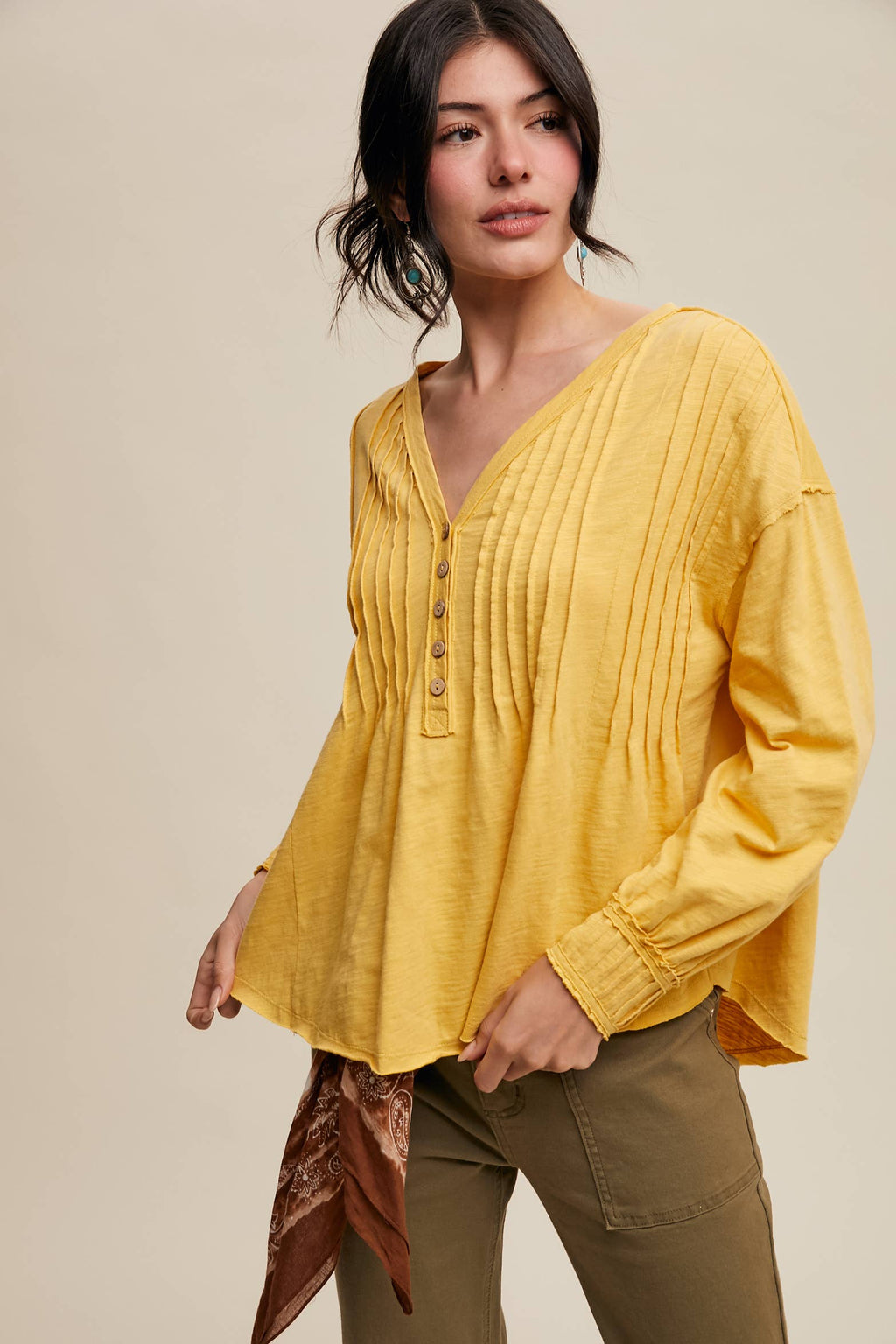 Cotton Pleated Henley Yellow Top