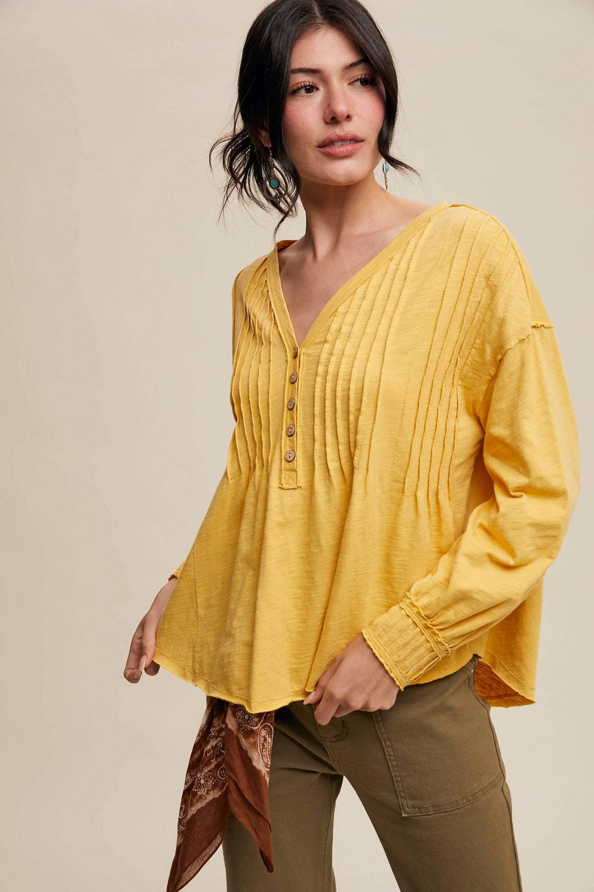 Cotton Pleated Henley Yellow Top