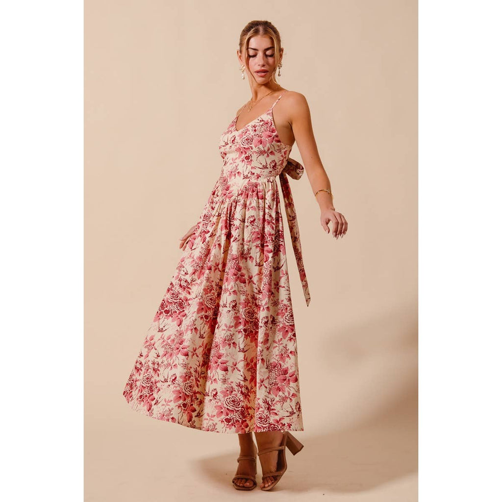 FLORAL COTTON WOVEN V NECK DRESS WITH BACK RIBBON TIE