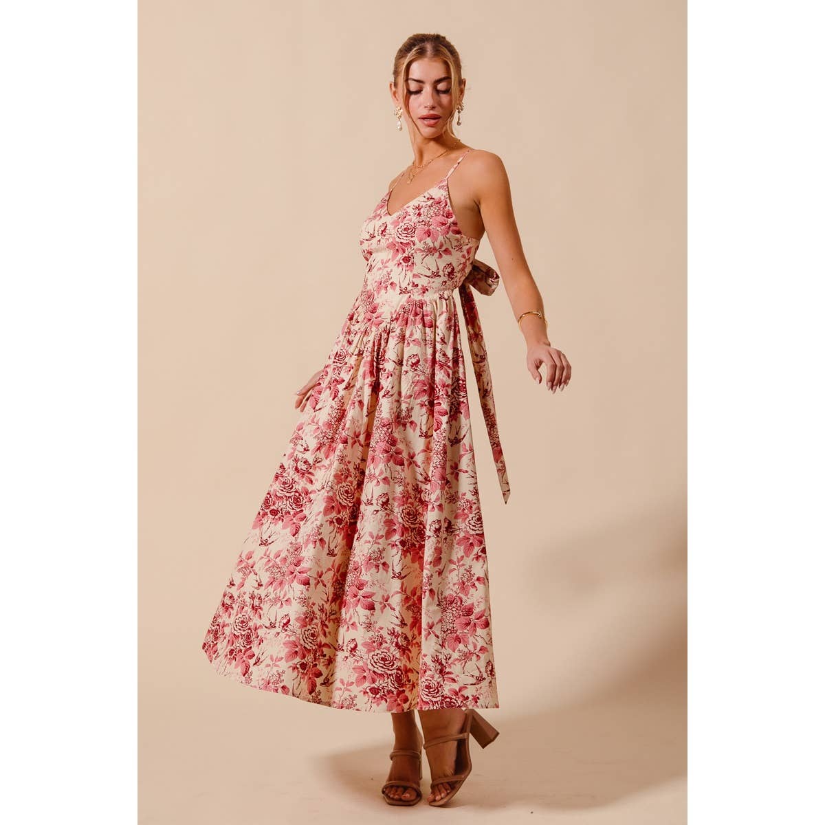 FLORAL COTTON WOVEN V NECK DRESS WITH BACK RIBBON TIE