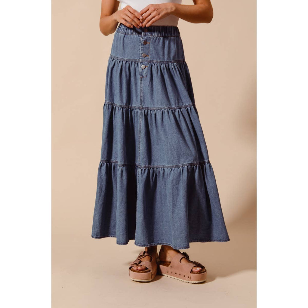 DENIM BLOCK FLOWY MAXI SKIRT