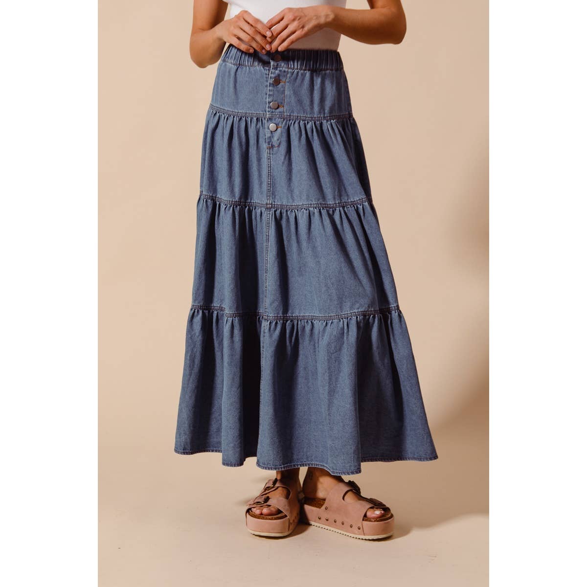 DENIM BLOCK FLOWY MAXI SKIRT