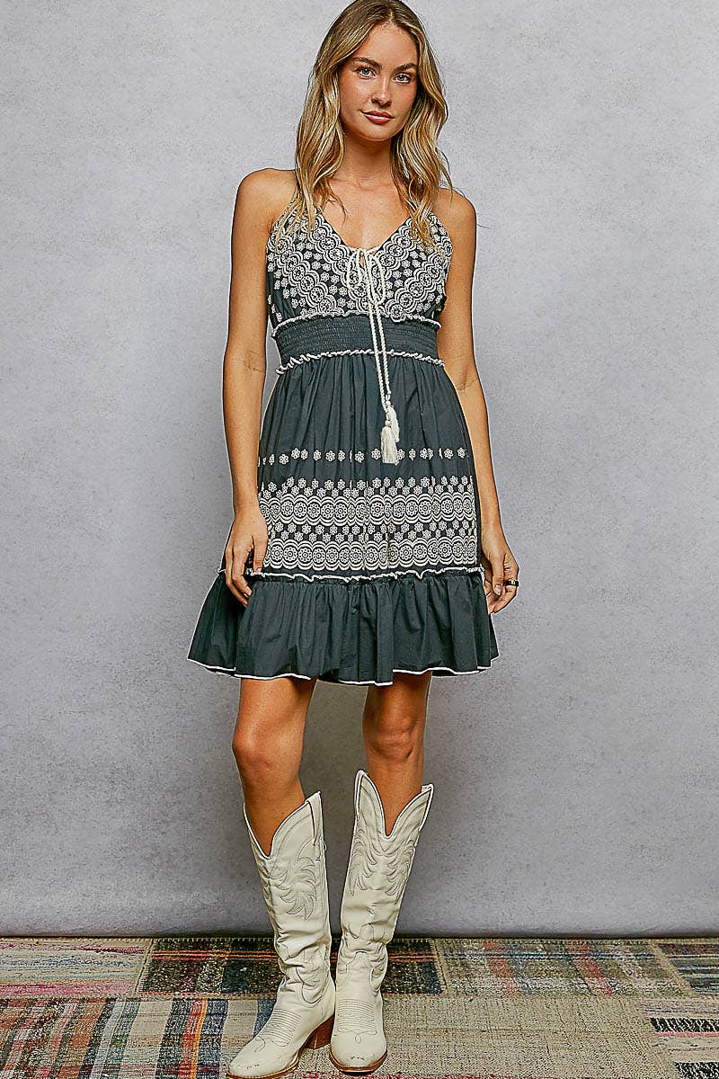 Cotton V-Neck Sleeveless Dress with Eyelet Detail Smocked Waist