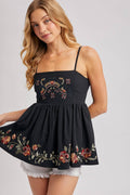 FLORAL EMBROIDERED SLEEVELESS PEPLUM TOP