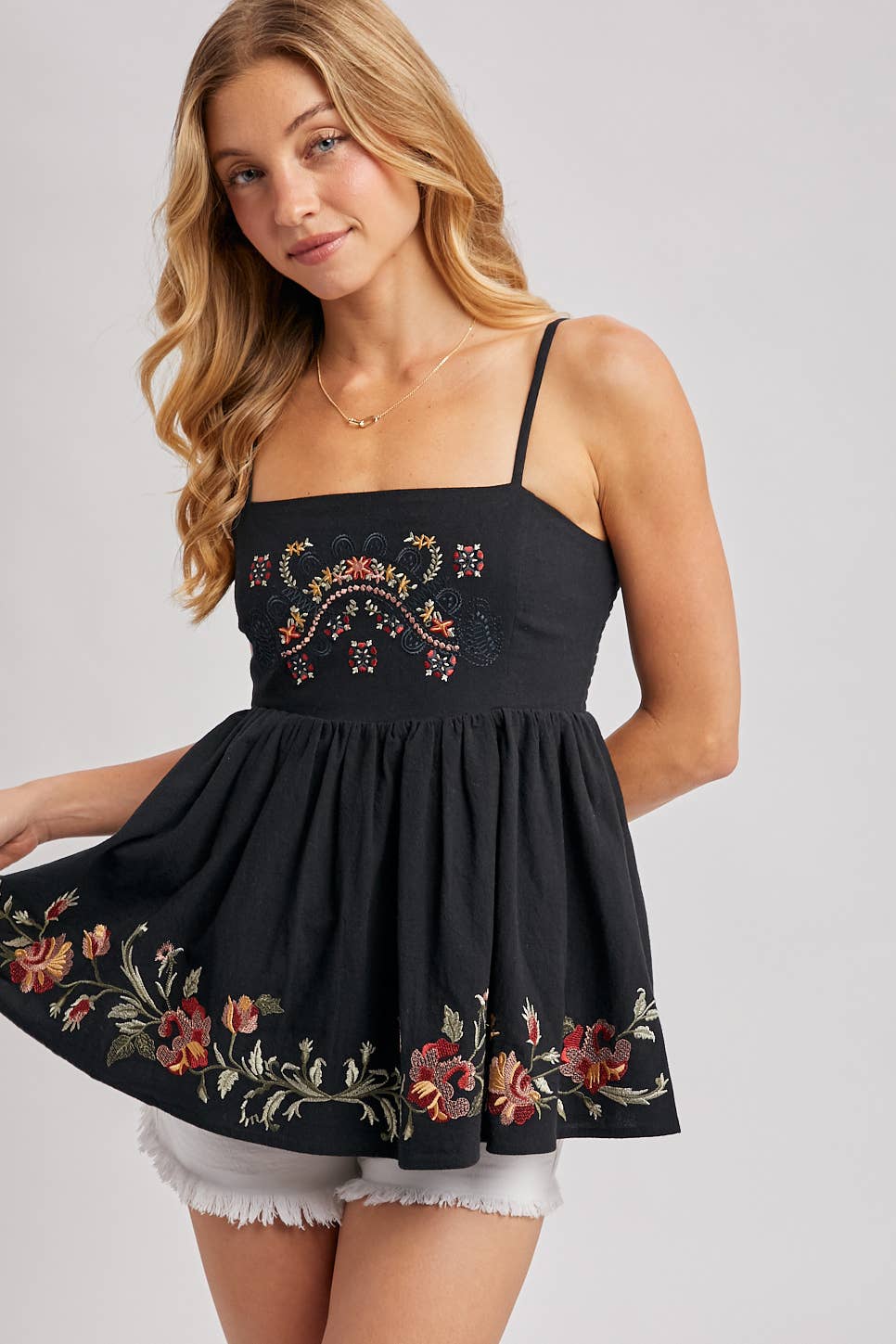 FLORAL EMBROIDERED SLEEVELESS PEPLUM TOP