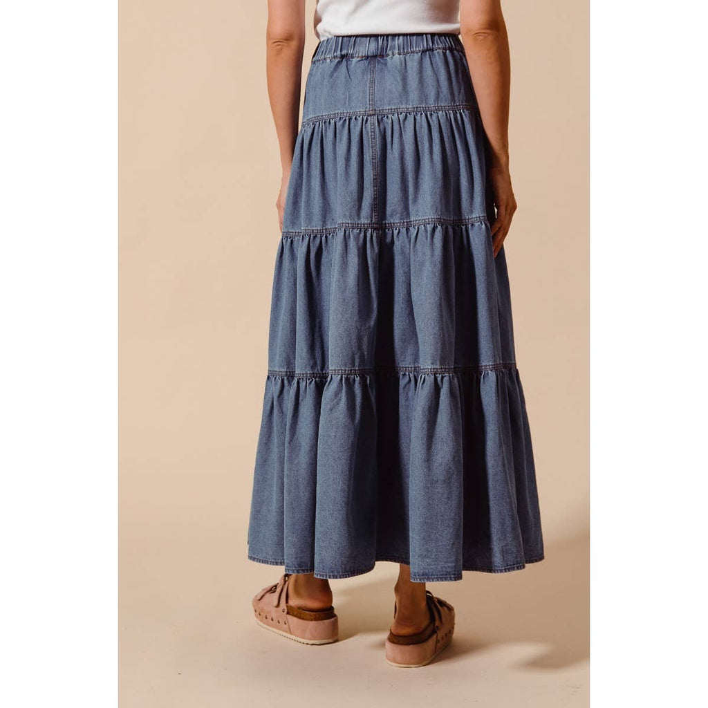 DENIM BLOCK FLOWY MAXI SKIRT