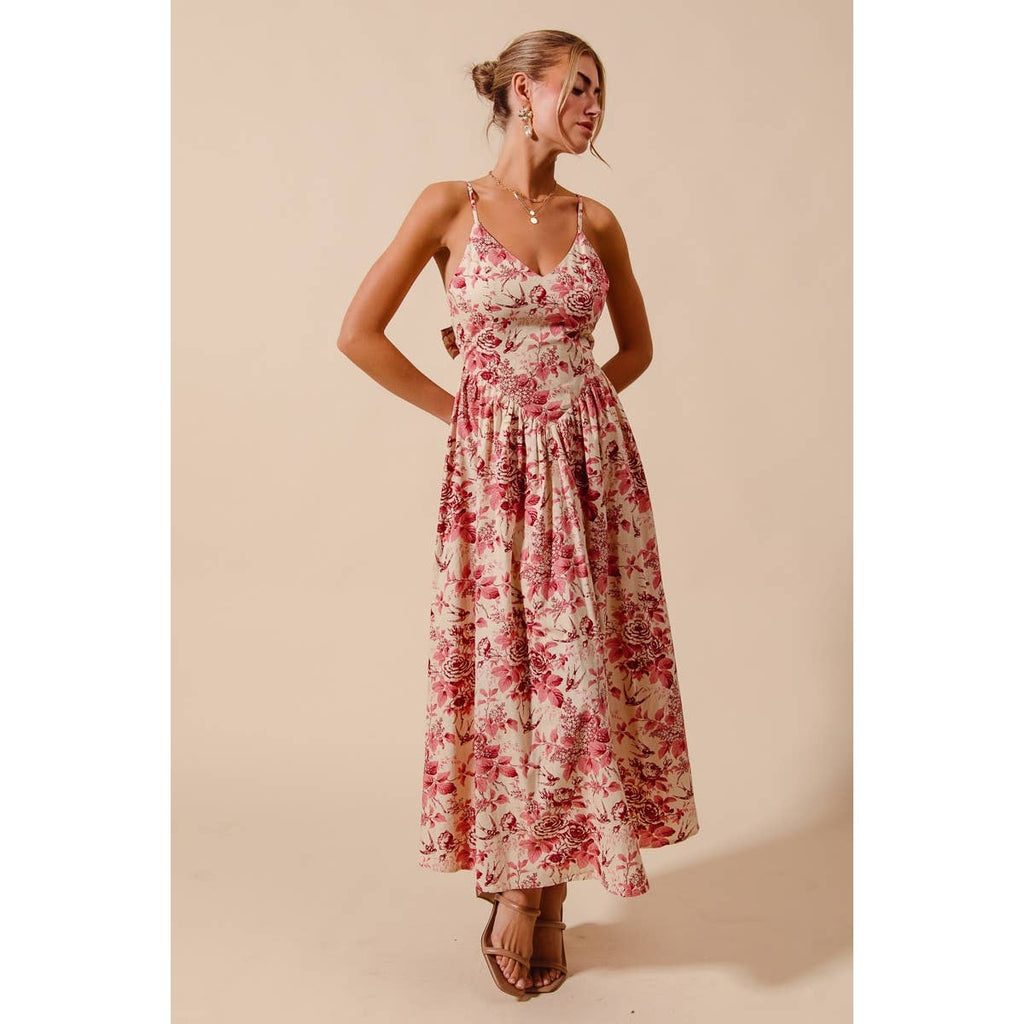 FLORAL COTTON WOVEN V NECK DRESS WITH BACK RIBBON TIE