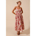 FLORAL COTTON WOVEN V NECK DRESS WITH BACK RIBBON TIE