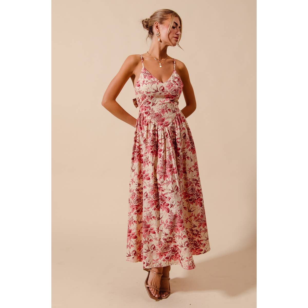FLORAL COTTON WOVEN V NECK DRESS WITH BACK RIBBON TIE