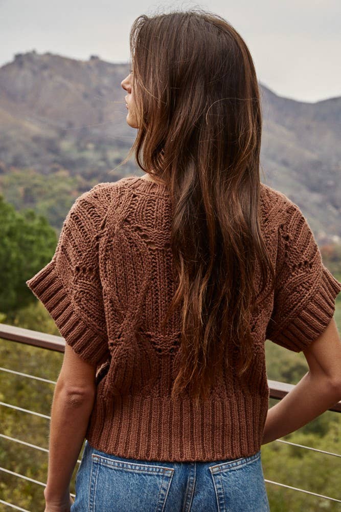Cotton Knit Sweater Crochet Round Neck Short Sleeve Top