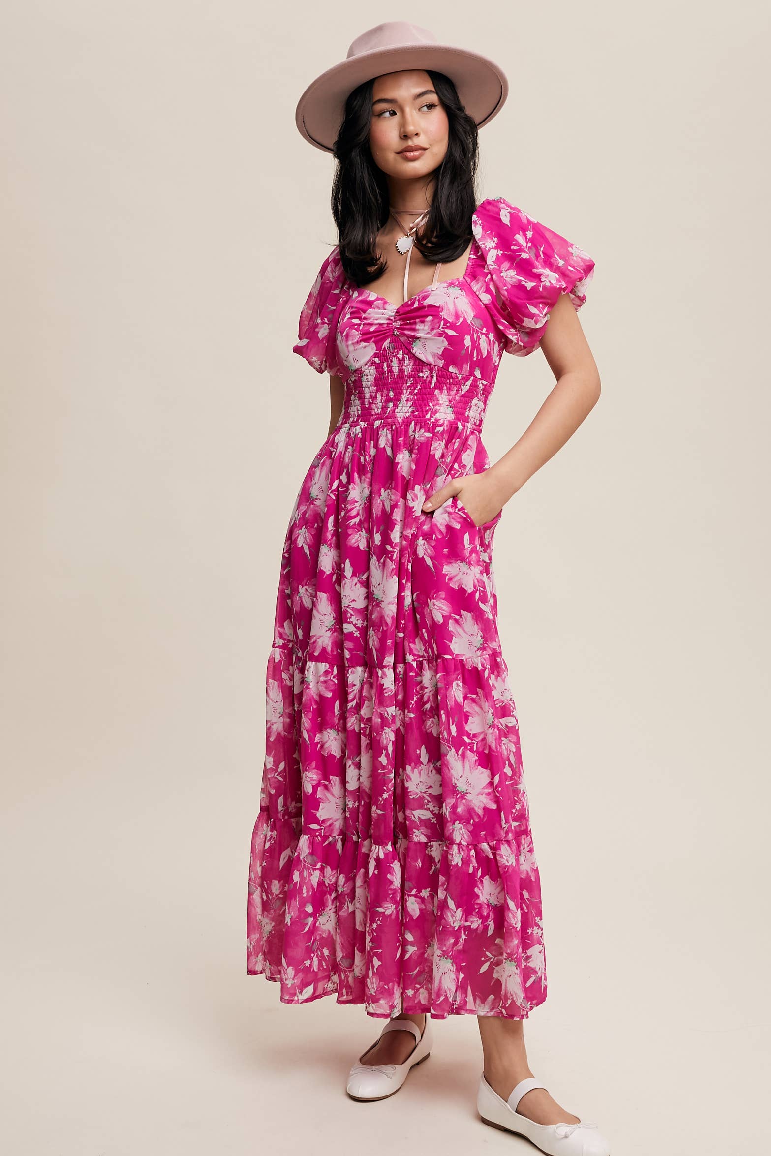 Floral Puff Sleeve Tiered Pink Maxi Dress