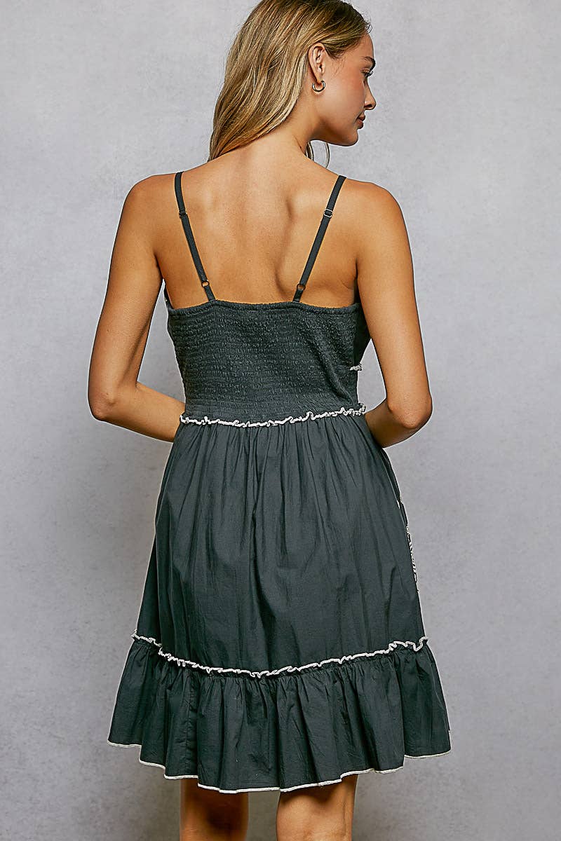 Cotton V-Neck Sleeveless Dress with Eyelet Detail Smocked Waist