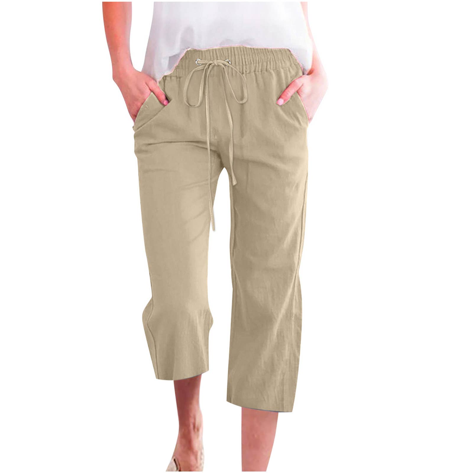 Linen Casual Summer Cropped Pants with Elastic Drawstring Waist
