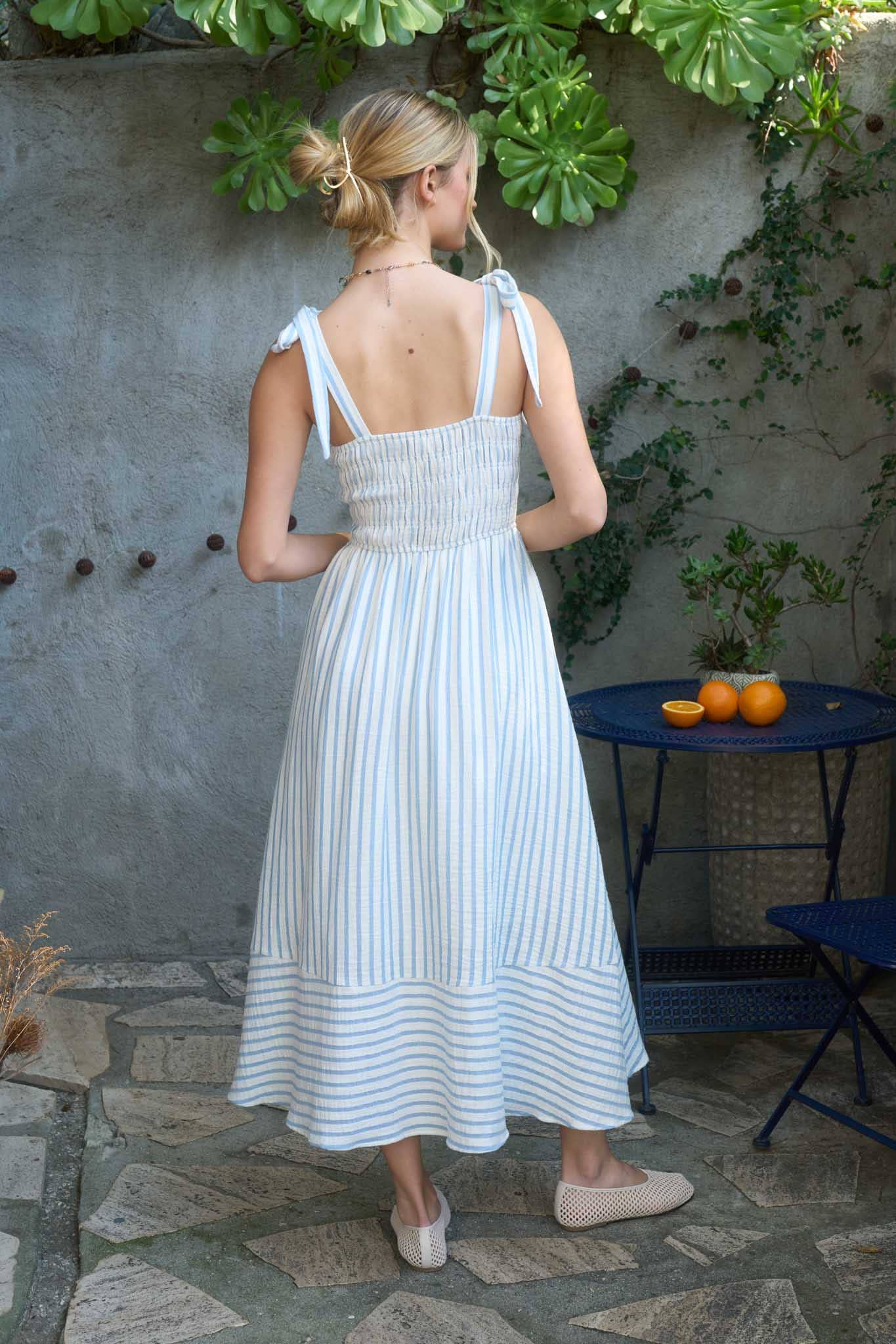 Cotton Sun-Drenched Stripe Tie-Shoulder Midi Dress