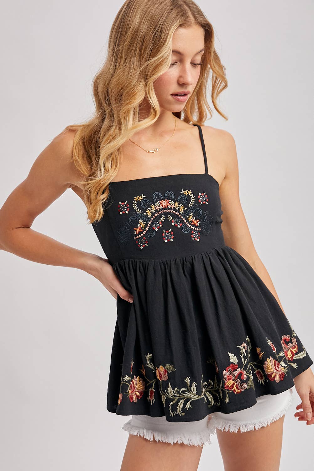 FLORAL EMBROIDERED SLEEVELESS PEPLUM TOP