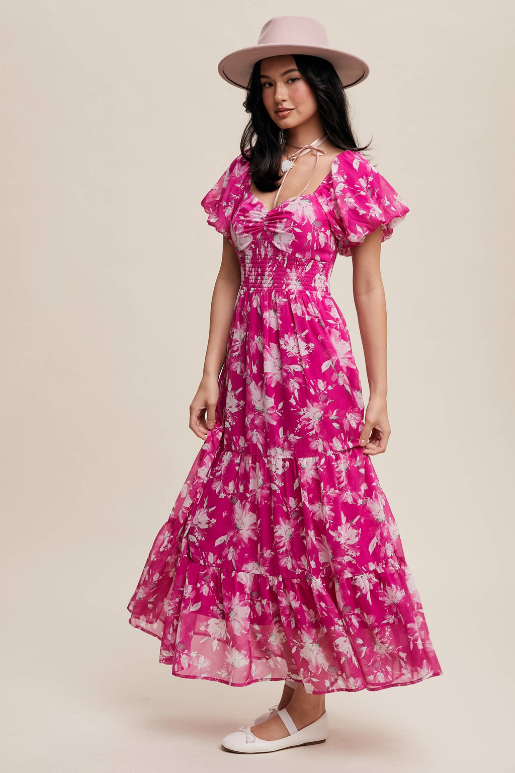 Floral Puff Sleeve Tiered Pink Maxi Dress