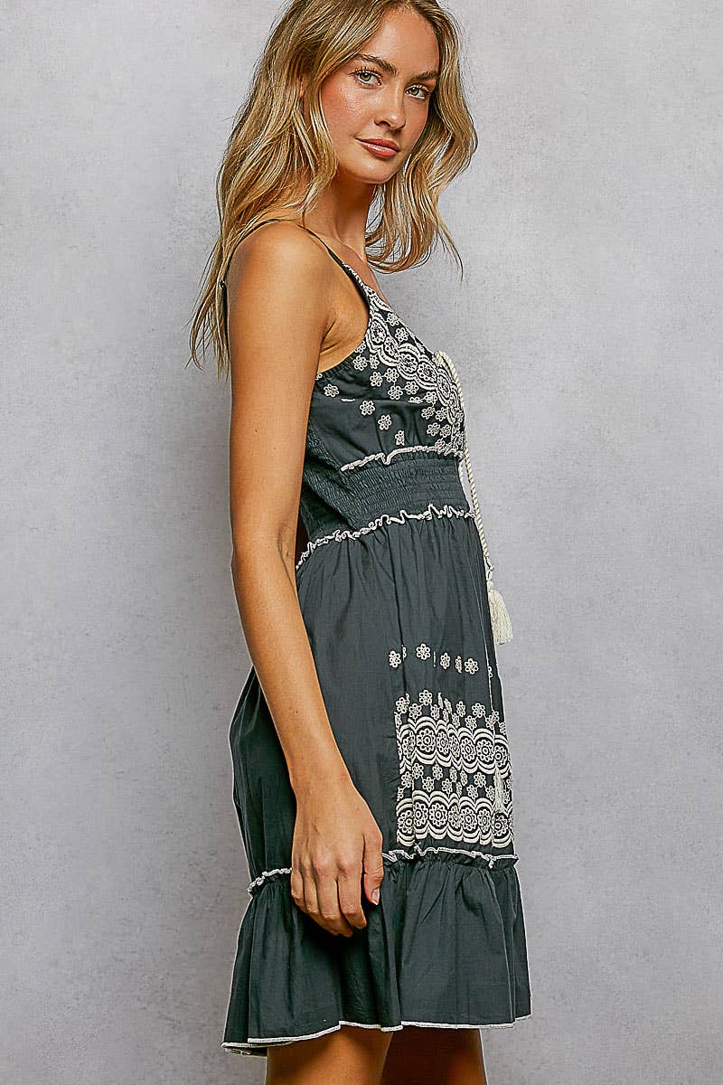 Cotton V-Neck Sleeveless Dress with Eyelet Detail Smocked Waist