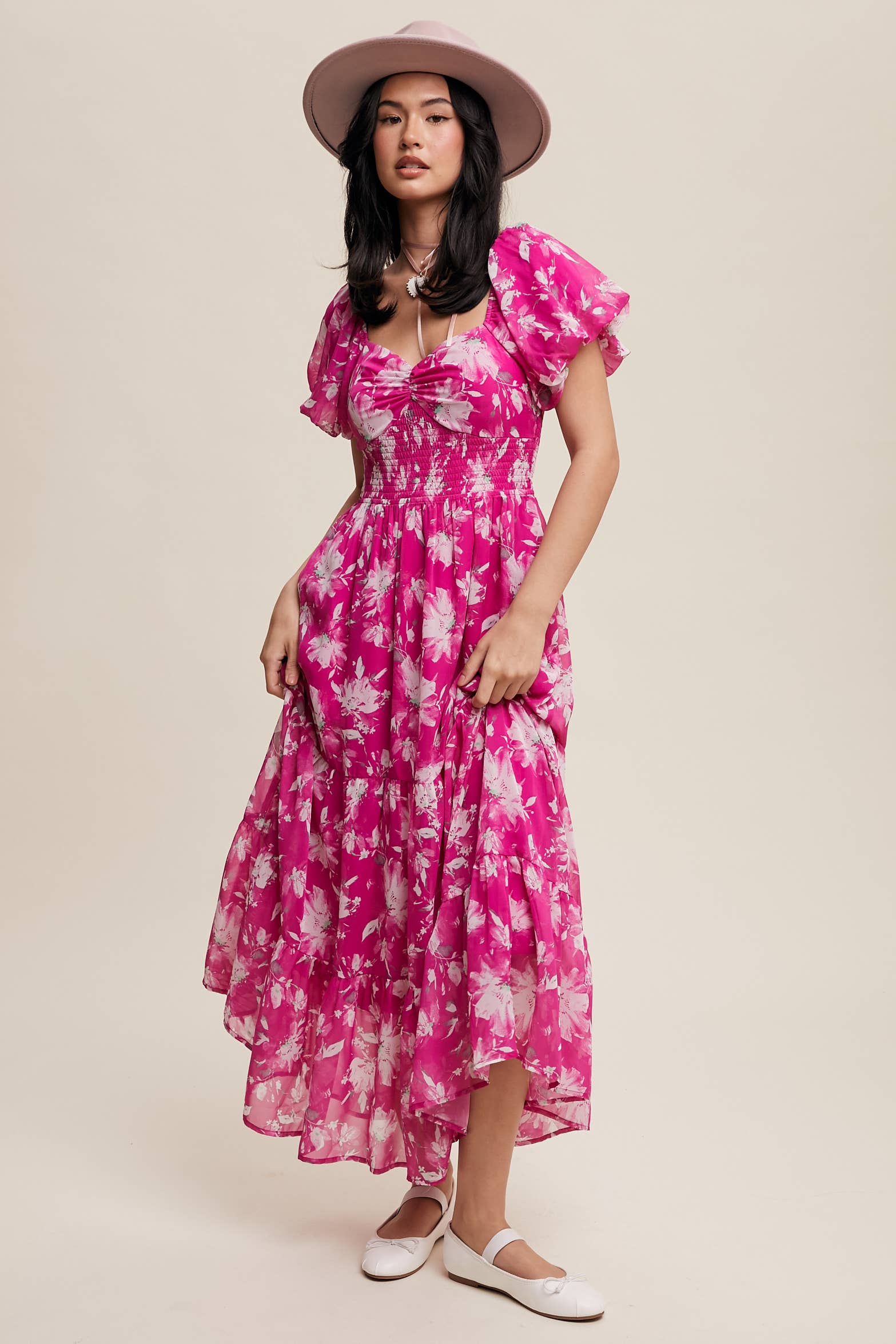 Floral Puff Sleeve Tiered Pink Maxi Dress
