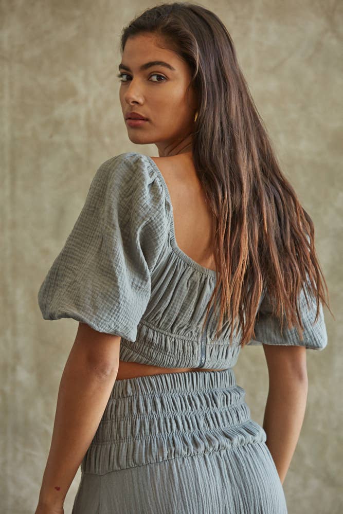 Cropped Woven Cotton 3/4 Puff Sleeve Blouse